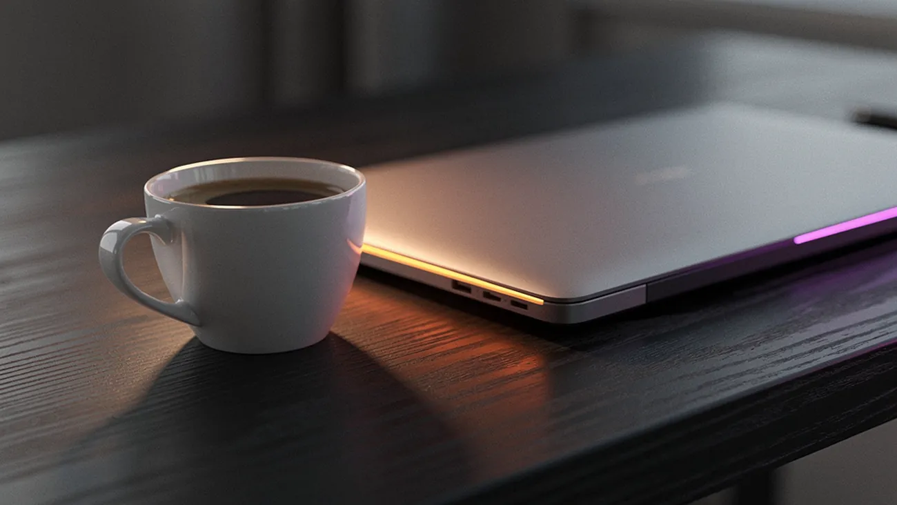 Ein zugeklappter Laptop und eine Tasse Kaffee auf einem dunklen Holztisch